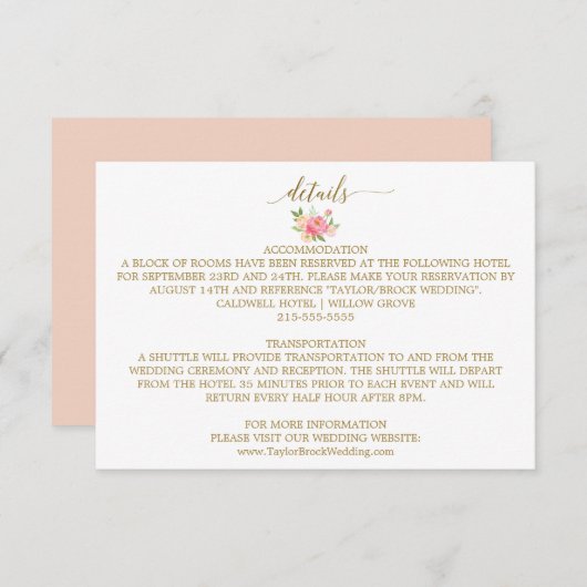 Peach and Pink Peony Blume Wedding Details Card Begleitkarte (Vorne/Hinten)