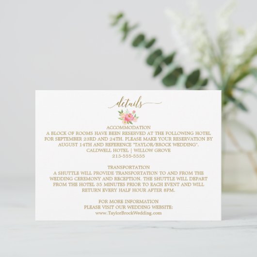 Peach and Pink Peony Blume Wedding Details Card Begleitkarte (Stehend Vorderseite)