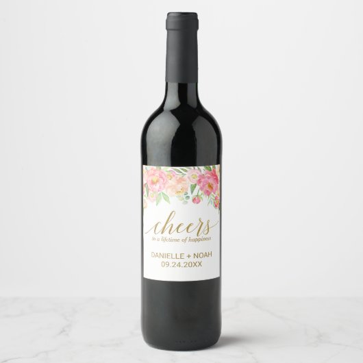 Peach and Pink Peony "Cheers" Wedding Wine Labels Weinetikett (Vorderseite)