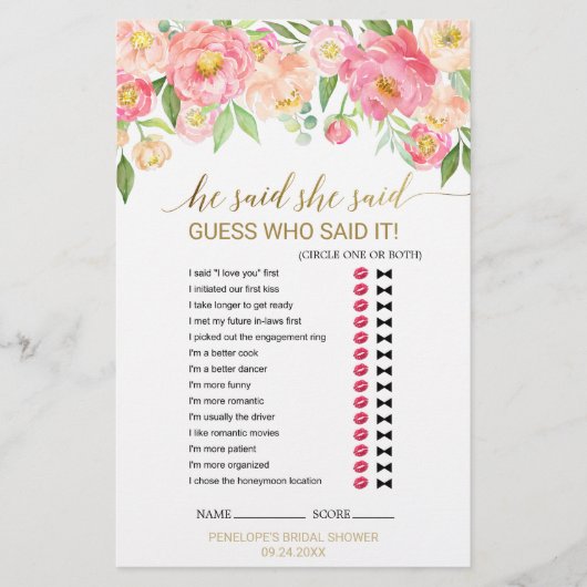 Peach and Pink Peony "He Said She" Spiel (Vorderseite)