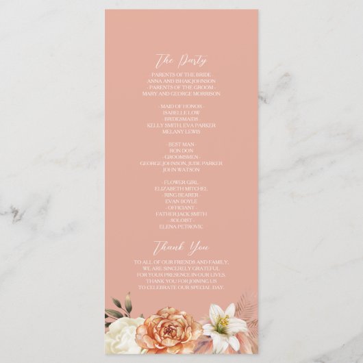 Peach and Sage Rustic Floral Hochzeit Zeremonie Programm (Rückseite)
