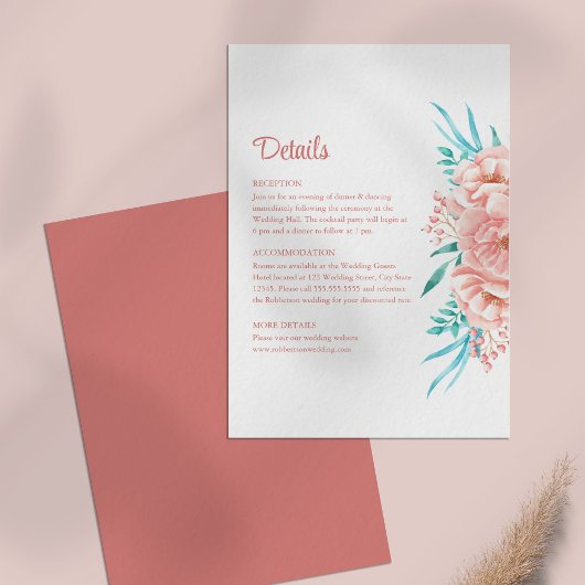 Peach and Tosca Floral Wedding Details Card Einladung