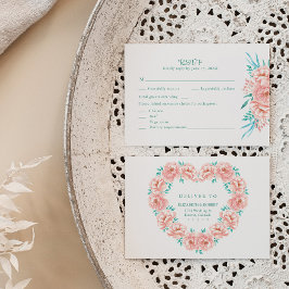 Peach and Turquoise Floral Wedding RSVP Card Dankeskarte