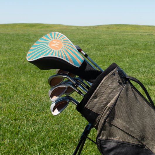 Peach and turquoise retro style sunburst design golf headcover (In SItu)