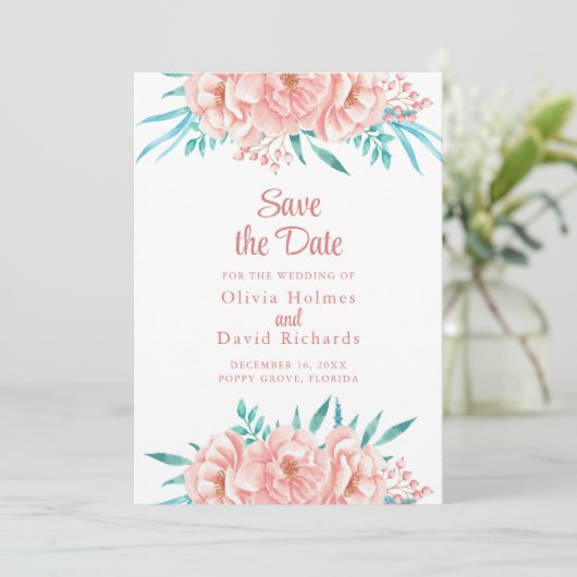 Peach and Turquoise Save the Date Card (Stehend Vorderseite)