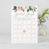 Peach and White Floral Brautparty Bingo Game Einladung (Stehend Vorderseite)