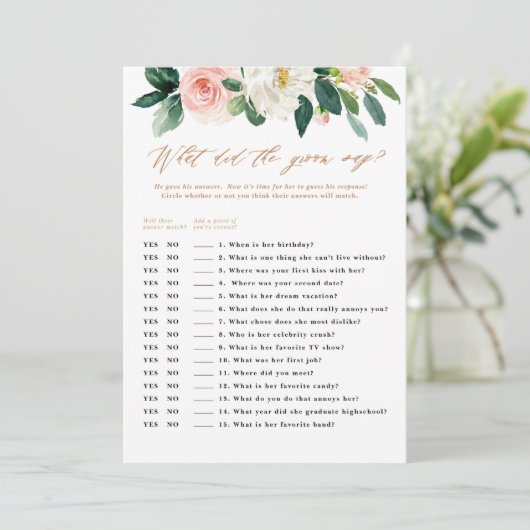 Peach and White Floral Groom Says Game Einladung (Stehend Vorderseite)