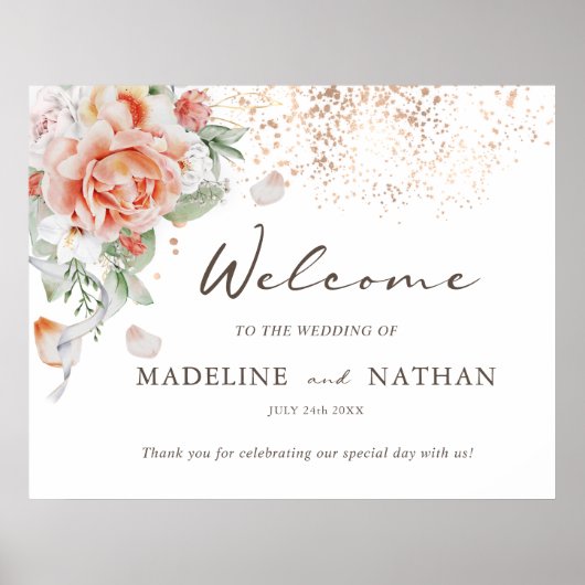 Peach and White Floral Wedding Welcome Poster (Vorne)