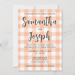 Peach and White Gingham Country Wedding Einladung