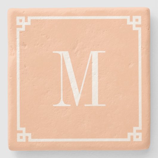 Peach and White Thin Griechisch Key Border Monogra Steinuntersetzer (Vorderseite)
