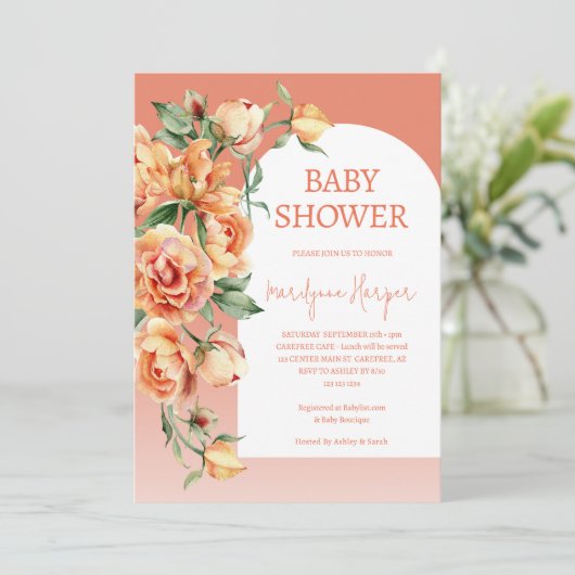 Peach Apricot Peony Baby Dusche Einladung (Stehend Vorderseite)