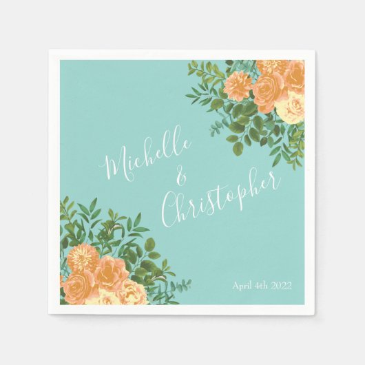 Peach Aqua Aquamarin Hochzeit Rose Blumenkohl Serviette (Vorderseite)