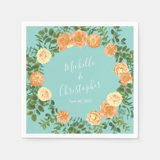 Peach Aqua Aquamarin Hochzeit Rose Blumenkohl Serviette (Vorderseite)