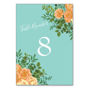 Peach Aqua Aquamarin Hochzeit Rose Blumenkohl Tischnummer