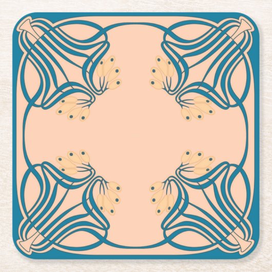 Peach Aquamarin Art Nouveau Rechteckiger Pappuntersetzer (Vorderseite)