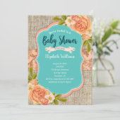 Peach Aquamarin Burlap Watercolor Blume Babydusche Einladung (Stehend Vorderseite)