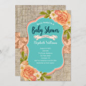 Peach Aquamarin Burlap Watercolor Blume Babydusche Einladung (Vorne/Hinten)
