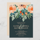 Peach Aquamarin Floral Watercolor Hochzeitseinladu (Vorne/Hinten)