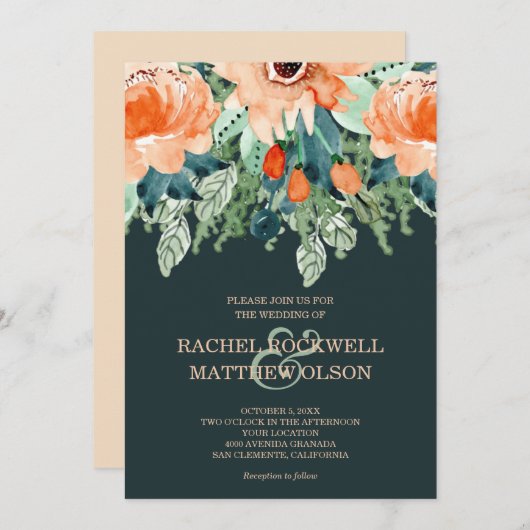 Peach Aquamarin Floral Watercolor Hochzeitseinladu (Vorne/Hinten)