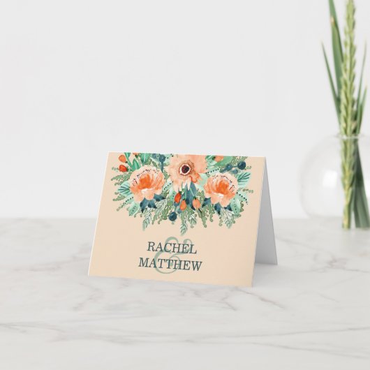 Peach Aquamarin Jade Watercolor Wedding Vielen Dan Dankeskarte (Vorderseite)
