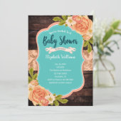 Peach Aquamarin Wood Watercolor Blume Kinderdusche Einladung (Stehend Vorderseite)