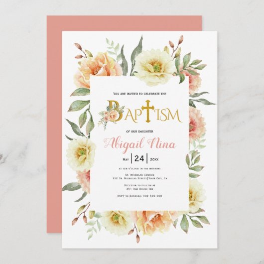 Peach Aquarell Blume Mädchen Blumentaufen Einladung (Vorne/Hinten)