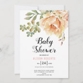 Peach Aquarell Blume und Blätter Babydusche Einladung (Vorderseite)