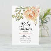 Peach Aquarell Blume und Blätter Babydusche Einladung (Stehend Vorderseite)