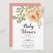Peach Aquarell Blume und Blätter Babydusche Einladung (Vorne/Hinten)