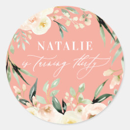 Peach Aquarellblüte 30. Geburtstag Gastgeschenk Runder Aufkleber