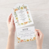 Peach Aquarellfarben Blütengrenze Hochzeit All In One Einladung (Abreißen)