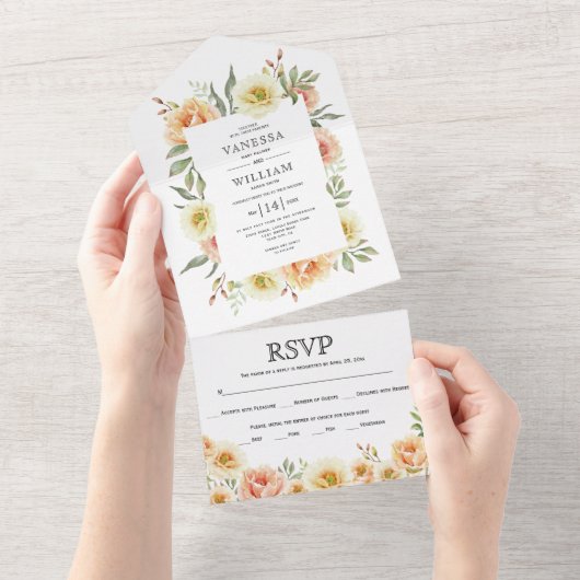 Peach Aquarellfarben Blütengrenze Hochzeit All In One Einladung (Abreißen)