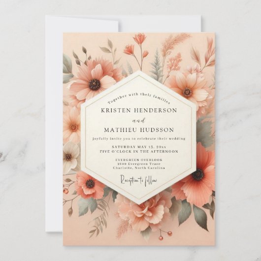 Peach Artful Meadow Wedding Einladung (Vorderseite)