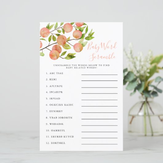 Peach Baby Dusche Word Scramble Game (Stehend Vorderseite)