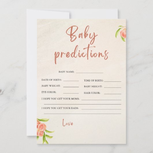 Peach Baby Shower Predictions Card Einladung (Vorderseite)