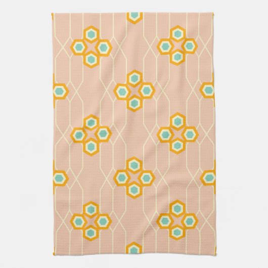 Peach background hexagonal floral pattern  geschirrtuch (Vertikal)
