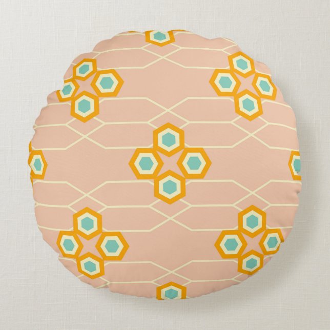 Peach background hexagonal floral pattern  rundes kissen (Vorderseite)