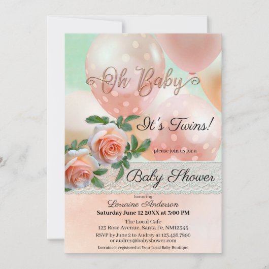 Peach Balloons Lace Twins Baby Dusche Einladung (Vorderseite)