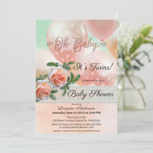 Peach Balloons Lace Twins Baby Dusche Einladung (Stehend Vorderseite)