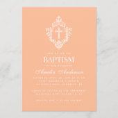 Peach Baptism Cross in Crest Elegant Vintage Einladung (Vorderseite)