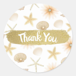 Peach Beach Seashells & Blume Moderne Hochzeit Runder Aufkleber