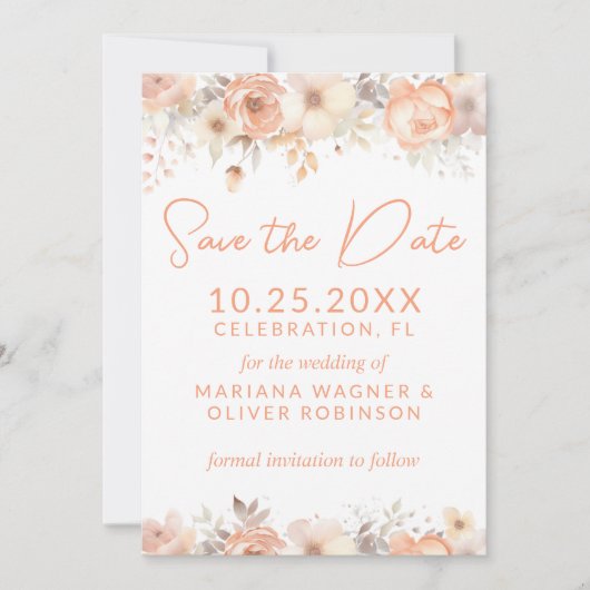 Peach Beige Blume auf Weiße Save the Date Karte (Vorderseite)