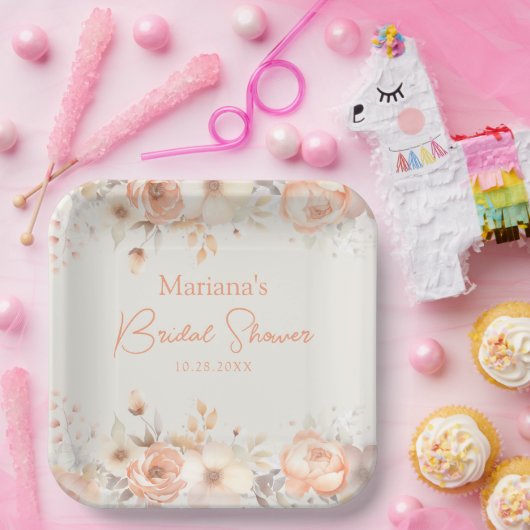 Peach Beige Floral on Ivory Brautparty Pappteller (Party)