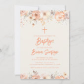 Peach Beige Ivory Blume Blumentaufen Einladung (Vorderseite)