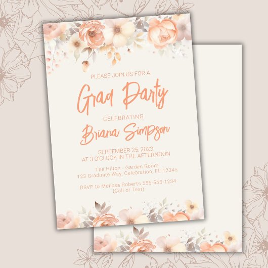 Peach Beige Ivory Floral Abschluss Grad Party Einladung