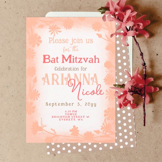 Peach Beige Wild Blume Polka Dots Bat Mitzvah Einladung