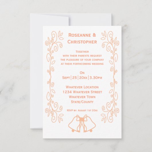 Peach Bells Scrollwork Design Wedding Einladung (Vorderseite)