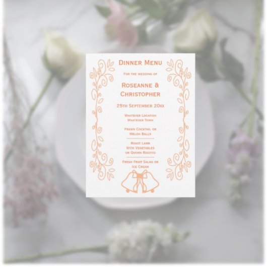 Peach Bells Scrollwork Design Wedding Menükarte