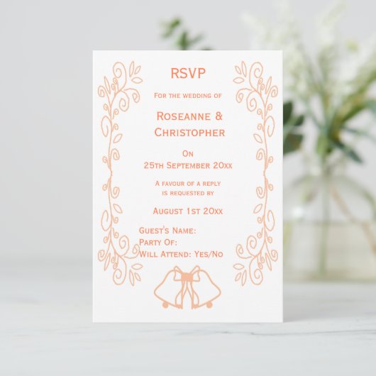 Peach Bells Scrollwork Design Wedding RSVP Karte (Stehend Vorderseite)