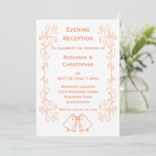 Peach Bells Scrollwork Hochzeitsempfang Einladung (Stehend Vorderseite)